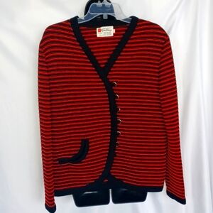 Vintage 60's Gina Teresa Wool Cardigan, button, red& black, 21" pit to pit